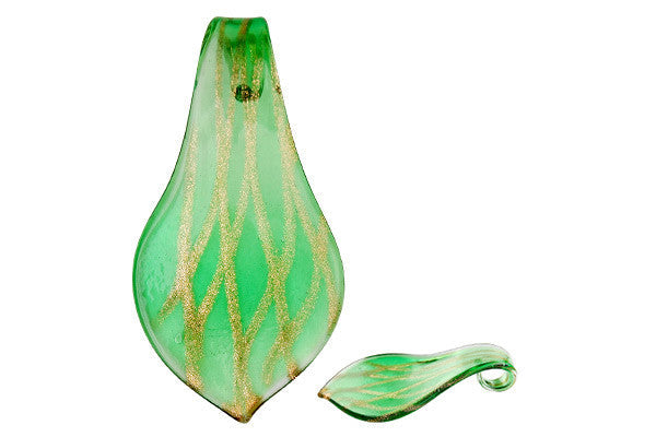 Murano Foil Glass Smooth Leaf XD Pendant, 33x63mm, 1 Piece, Pendant for Jewelry Making