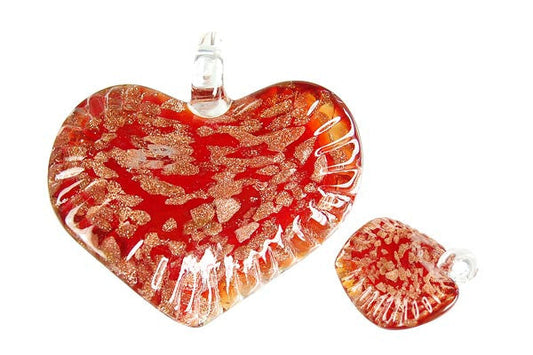 Handmade Lampwork Art Glass Foil Pendant Twisted Flat Heart (Red)