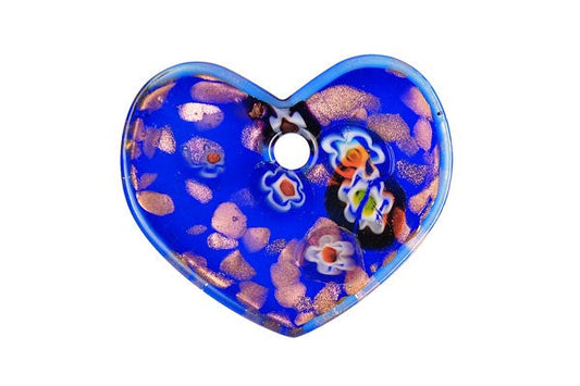 Murano Foil Glass Flat Heart Pendant, 38x45mm, 1 Piece, Pendant for Jewelry Making