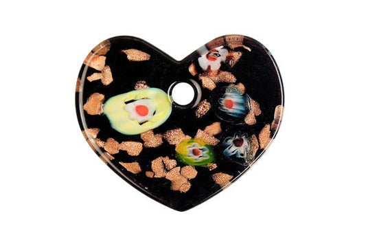 Murano Foil Glass Flat Heart Pendant, 38x45mm, 1 Piece, Pendant for Jewelry Making