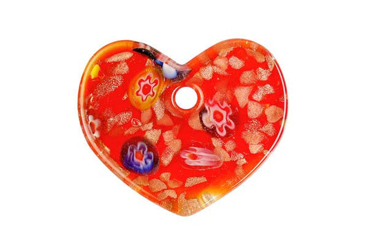Murano Foil Glass Flat Heart Pendant, 38x45mm, 1 Piece, Pendant for Jewelry Making