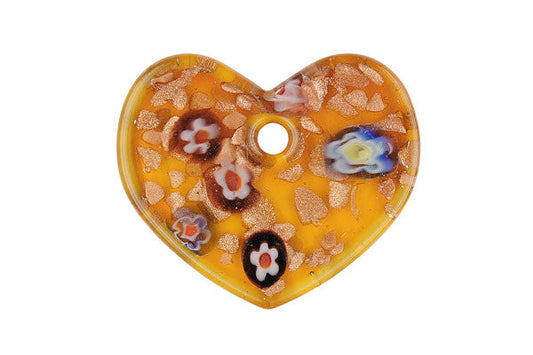Murano Foil Glass Flat Heart Pendant, 38x45mm, 1 Piece, Pendant for Jewelry Making