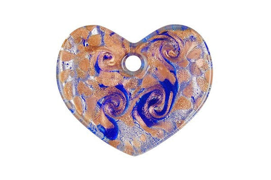 Murano Foil Glass Flat Heart Pendant, 38x45mm, 1 Piece, Pendant for Jewelry Making