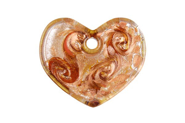 Murano Foil Glass Flat Heart Pendant, 38x45mm, 1 Piece, Pendant for Jewelry Making