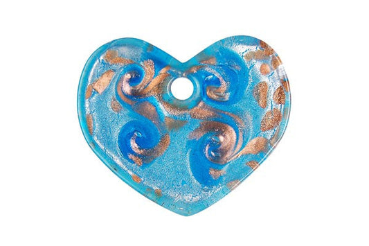 Murano Foil Glass Flat Heart Pendant, 38x45mm, 1 Piece, Pendant for Jewelry Making