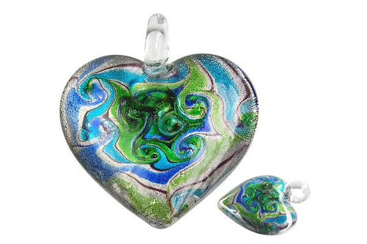 Murano Foil Glass Heart Style C Pendant, 44x47mm, 1 Piece, Pendant for Jewelry Making