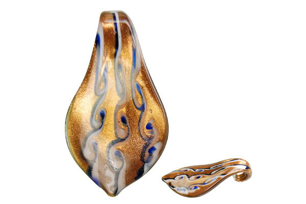 Murano Foil Glass Smooth Leaf Pendant, 33x63mm, 1 Piece, Pendant for Jewelry Making