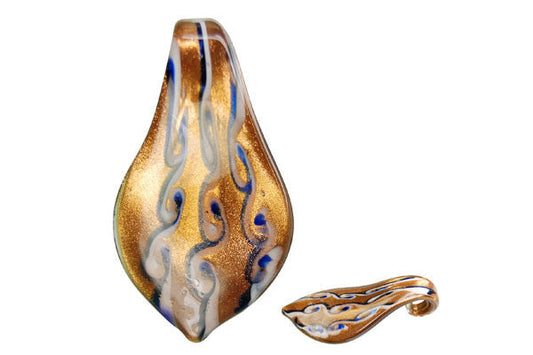 Murano Foil Glass Smooth Leaf Pendant, 33x63mm, 1 Piece, Pendant for Jewelry Making
