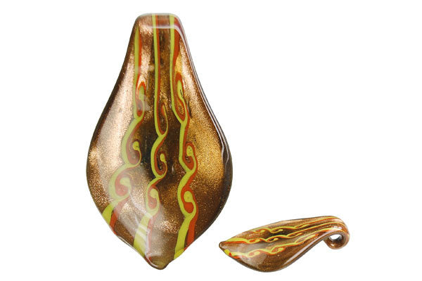 Murano Foil Glass Smooth Leaf Pendant, 33x63mm, 1 Piece, Pendant for Jewelry Making