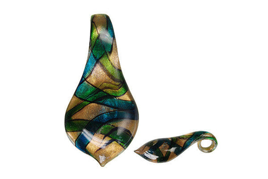 Murano Foil Glass Smooth Leaf Pendant, 36x63mm, 1 Piece, Pendant for Jewelry Making