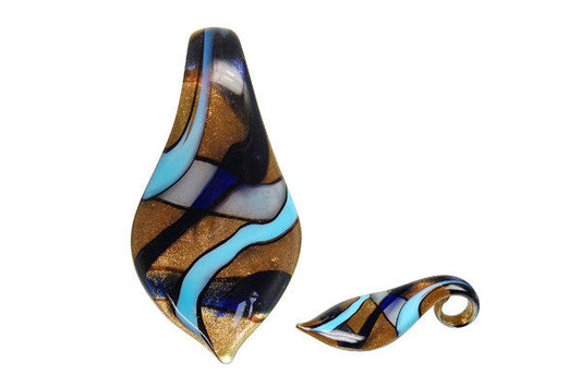 Murano Foil Glass Smooth Leaf Pendant, 36x63mm, 1 Piece, Pendant for Jewelry Making