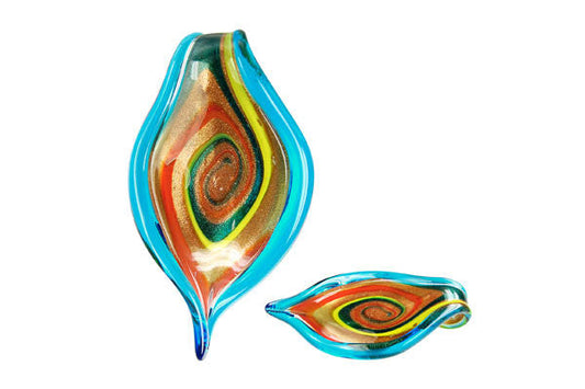Murano Foil Glass Leaf Pendant, 42x68mm, 1 Piece, Pendant for Jewelry Making