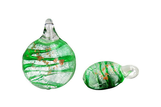 Handmade Lampwork Art Glass Foil Pendant Button Earrings (YHA04 Green)