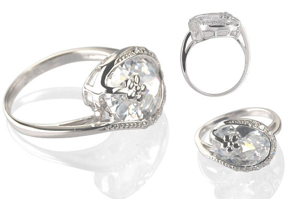 Cubic Zirconia Sterling Silver Clear Oval Cocktail