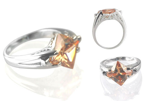 Cubic Zirconia Sterling Silver Golden Topaz Princess-Cut