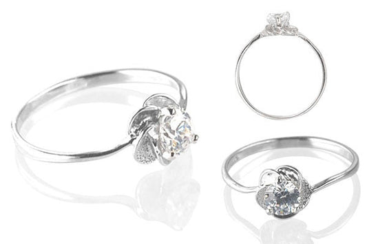 Cubic Zirconia Sterling Silver 4.5mm Round Solitaire W/textured Flower