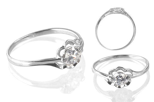 Cubic Zirconia Sterling Silver 4mm Round Solitaire in Flower