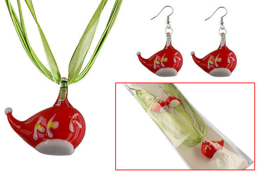 Lampwork Glass Pendant Necklace & Earrings, Christmas Hat