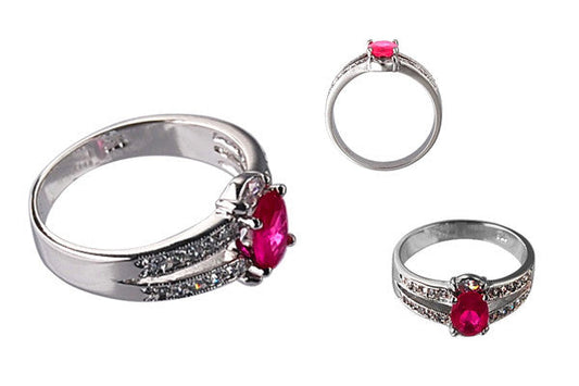 Cubic Zirconia Sterling Silver Ruby Red Oval with Clear Pave