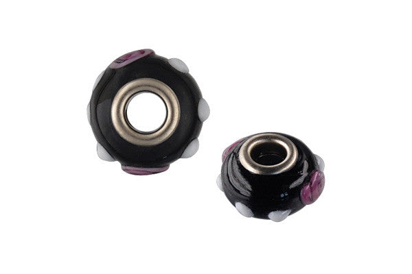 Lampwork Rondelle with Silver-Plated Core (Black w/Rose & White Dots), 10x15mm