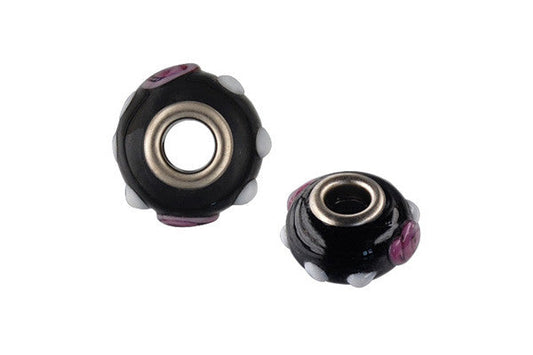 Lampwork Rondelle with Silver-Plated Core (Black w/Rose & White Dots), 10x15mm