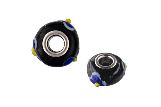 Lampwork Rondelle with Silver-Plated Core (Black w/Blue Flowers), 10x15mm