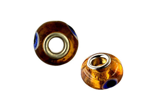 Lampwork Rondelle with Silver-Plated Core (Brown w/Blue Polka Dots), 10x15mm