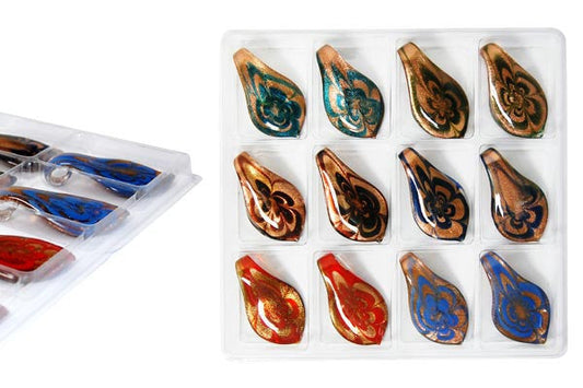 Murano Foil Glass Value Pack Pendant, 33x63mm, 12 Pieces, Pendant for Jewelry Making