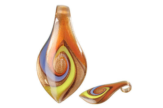 Murano Foil Glass Smooth Leaf Pendant, 36x63mm, 1 Piece, Pendant for Jewelry Making