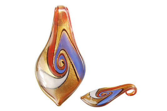 Murano Foil Glass Smooth Leaf Pendant, 36x63mm, 1 Piece, Pendant for Jewelry Making