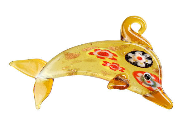 Handmade Lampwork Art Glass Foil Pendant Dolphins (XDA03 Amber)