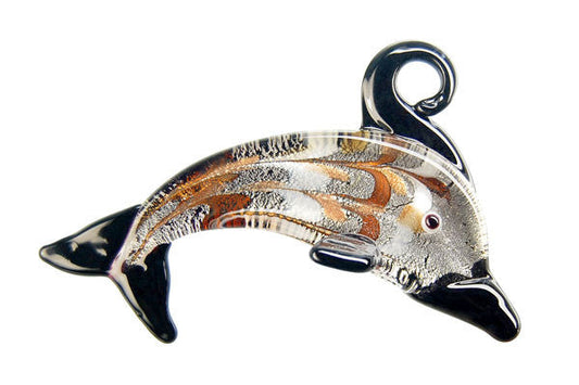 Handmade Lampwork Art Glass Foil Pendant Dolphins (XDB02 Black)
