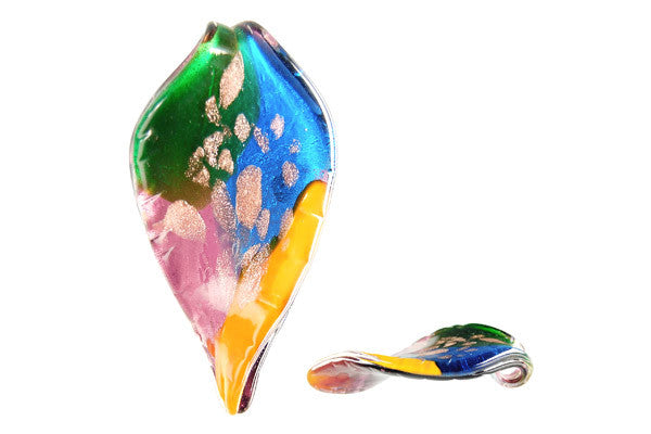 Murano Foil Glass Leaf Pendant, 34x66mm, 1 Piece, Pendant for Jewelry Making