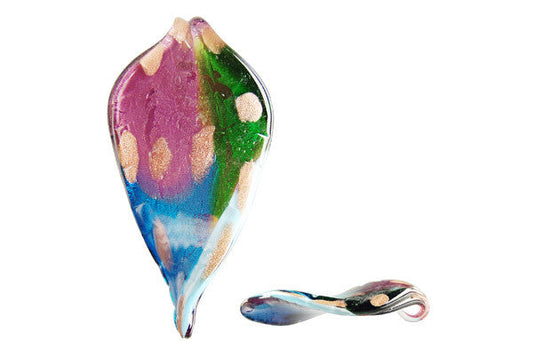 Murano Foil Glass Leaf Pendant, 34x66mm, 1 Piece, Pendant for Jewelry Making