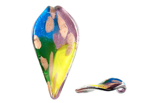 Murano Foil Glass Leaf Pendant, 34x66mm, 1 Piece, Pendant for Jewelry Making