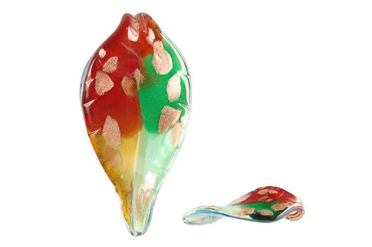 Murano Foil Glass Leaf Pendant, 34x66mm, 1 Piece, Pendant for Jewelry Making