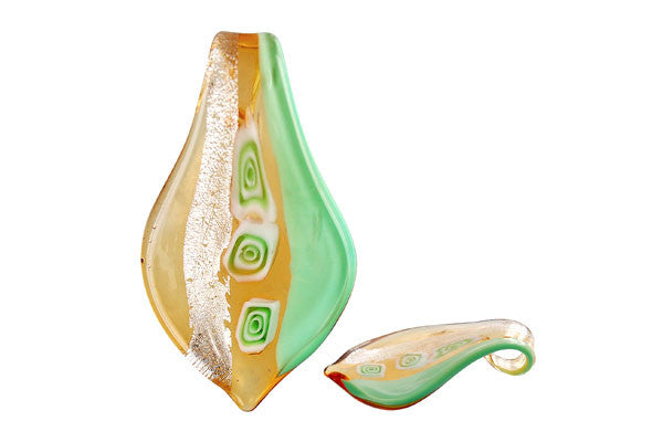 Murano Foil Glass Smooth Leaf Pendant, 33x60mm, 1 Piece, Pendant for Jewelry Making