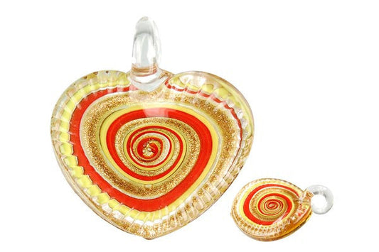 Murano Foil Glass Twisted Flat Heart Pendant, 45x48mm, 1 Piece, Pendant for Jewelry Making