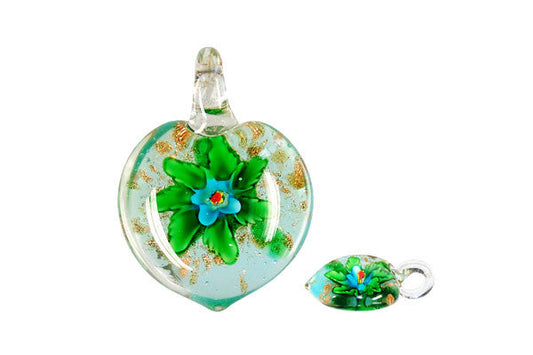 Murano Foil Glass Heart Flower Pendant, 28x38mm, 1 Piece, Pendant for Jewelry Making