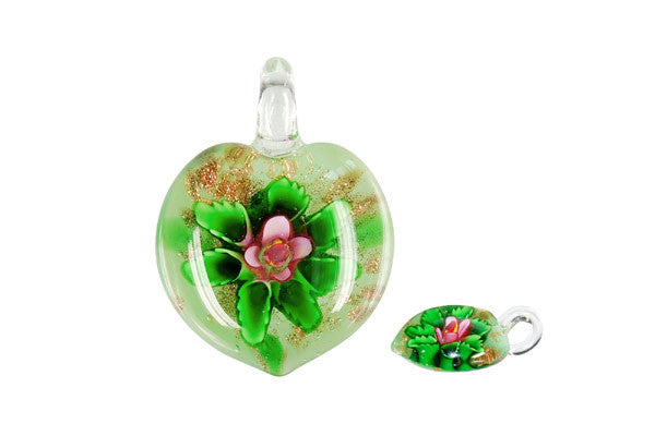 Murano Foil Glass Heart Flower Pendant, 28x38mm, 1 Piece, Pendant for Jewelry Making