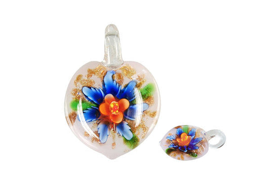 Murano Foil Glass Heart Flower Pendant, 28x38mm, 1 Piece, Pendant for Jewelry Making