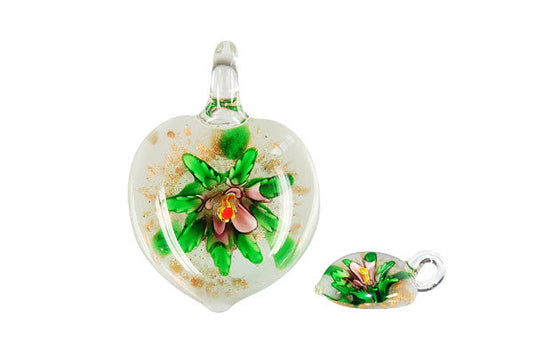Murano Foil Glass Heart Flower Pendant, 28x38mm, 1 Piece, Pendant for Jewelry Making