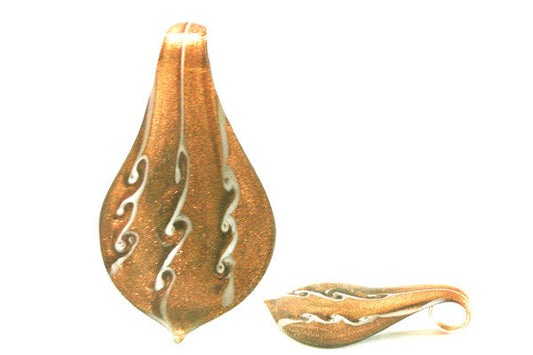 Murano Foil Glass Smooth Leaf Pendant, 33x63mm, 1 Piece, Pendant for Jewelry Making