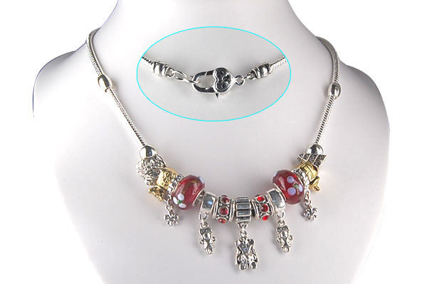 Pandora Style Necklace W/ Red Lampwork Beads, "Passion", 16"