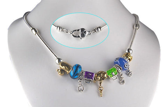 Pandora Style Necklace W/ Blue Lampwork Beads, "Shopping Fun", 16"