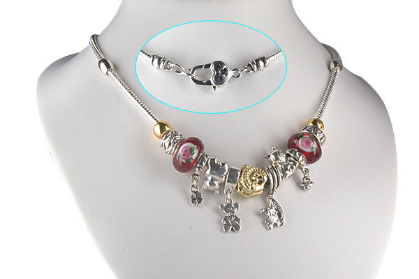 Pandora Style Necklace W/ Red Lampwork Beads, "Travel' 16"