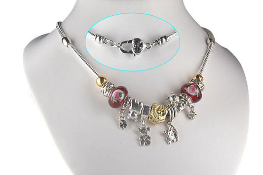 Pandora Style Necklace W/ Red Lampwork Beads, "Travel' 16"