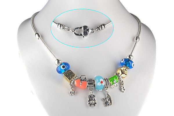 Pandora Style Necklace W/ Blue Lampwork Beads, "Memory", 16"