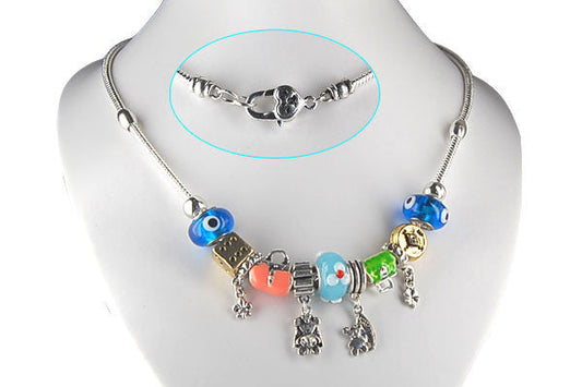 Pandora Style Necklace W/ Blue Lampwork Beads, "Memory", 16"