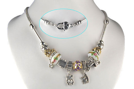 Pandora Style Necklace W/ White Lampwork Beads, "Baby Buggy", 16"